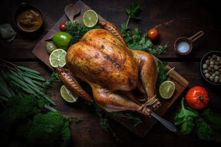 Christmas or Thanksgiving turkey on rustic wooden table. Generative AIの素材