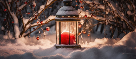 Christmas Lantern On Snow With Fir Branch and Baubles. Winter Decoration Background. Generative AIの素材