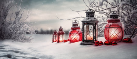 Christmas Lantern On Snow With Fir Branch and Baubles. Winter Decoration Background. Generative AIの素材