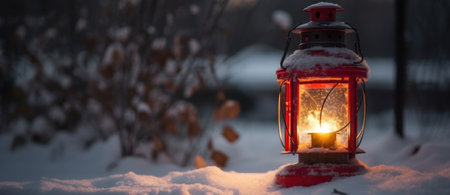 Christmas Lantern On Snow With Fir Branch and Baubles. Winter Decoration Background. Generative AIの素材