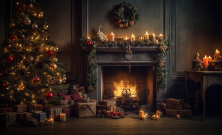 interior christmas. Christmas room, fireplace with fire and Christmas tree with decorations in dark. Decorated Christmas Tree inside living Room. copyspace. Generative AIの素材