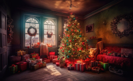 interior christmas. Christmas room, fireplace with fire and Christmas tree with decorations in dark. Decorated Christmas Tree inside living Room. copyspace. Generative AIの素材
