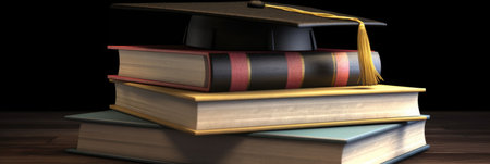 Banner. Mortarboard standing on book stack. Copy space. Generative AIの素材