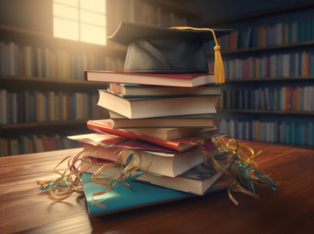 Mortarboard standing on book stack. Generative AIの素材