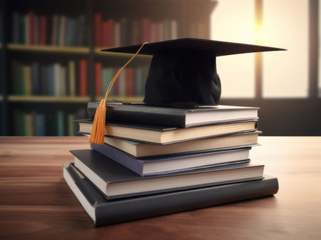 Mortarboard standing on book stack. Generative AIの素材