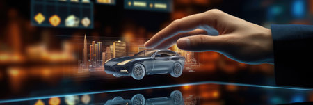 Human hand interacting with technological holograms.Banner. Generative AIの素材