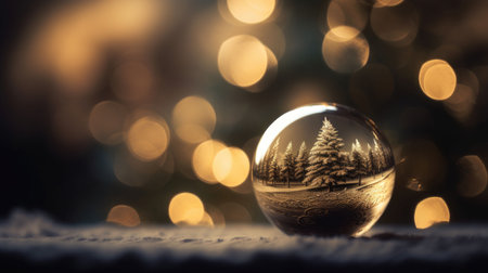 Christmas holidays background with copy space for your text. Snow globe with Christmas tree in snow. Merry Christmas. bokeh. Generation AIの素材
