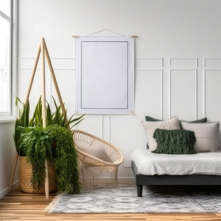 Bedroom interior design with Mock up poster frame on the wall with beautiful plants in different hipster and designer pots. gardening at home. Generation AIの素材