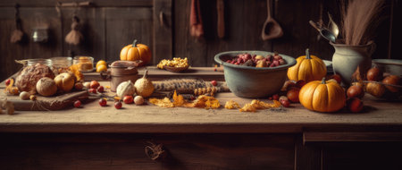 Pumpkins with candle, lights, autumn leaves, corn, nuts, chestnuts, cinnamon and dried berries on rustic table. Cozy autumn atmospheric image. Happy Thanksgiving. Generation AIの素材