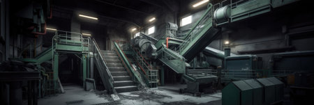 environmental safety. Industry Plant for sorting and processing plastic and paper waste. Conveyor assembly line with garbage bottles and packaging. Banner. Generation AIの素材