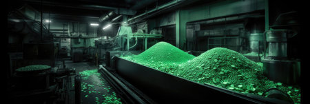 environmental safety. Industry Plant for sorting and processing plastic and paper waste. Conveyor assembly line with garbage bottles and packaging. Banner. Generation AIの素材