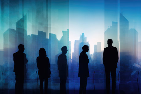 Silhouette of business people at office.Many business people conference group meeting on city office building in background showing partnership success of business deal. Generation AIの素材