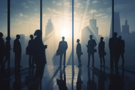 Silhouette of business people at office.Many business people conference group meeting on city office building in background showing partnership success of business deal. Generation AIの素材