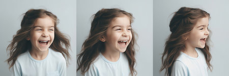 Portrait of a little girl laughing. Banner. copyspace. Generation AIの素材