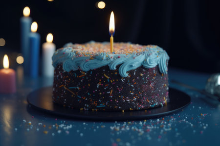 Celebration birthday cake with colorful sprinkles and twenty one colorful birthday candles.の素材