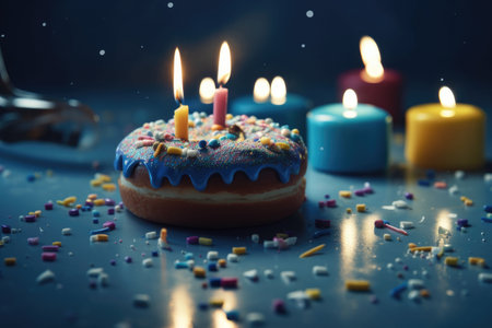 Celebration birthday cake with colorful sprinkles and twenty one colorful birthday candles.の素材