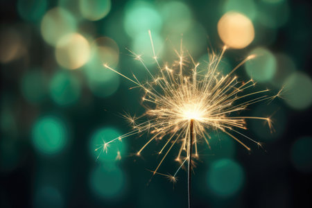 sparkling sparkler in the green area. sparkler fire with blurred bokeh background. new year or St. Patrick's Day.の素材