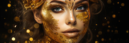 blond woman in gold glittering dress on golden glitter background. girl with blond lush hair. banner.の素材