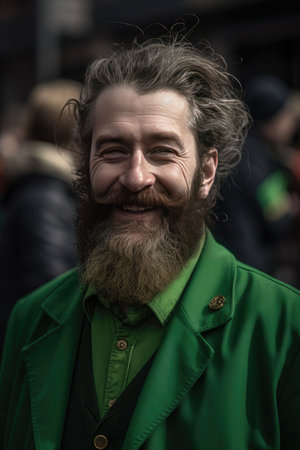 a man in green and gold smiled as he was dressed for st patrick's day.の素材