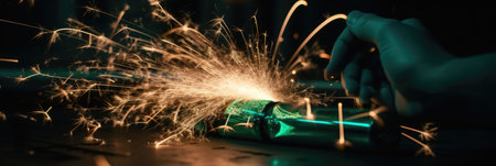 sparkling sparkler in the green area. sparkler fire with blurred bokeh background. new year or St. Patrick's Day. bannerの素材