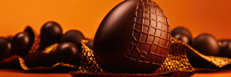 chocolate easter eggs on a yellow background. Banner.の素材
