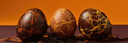 chocolate easter eggs on a yellow background. Banner.の素材