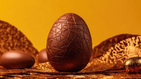 chocolate easter eggs on a yellow background.の素材