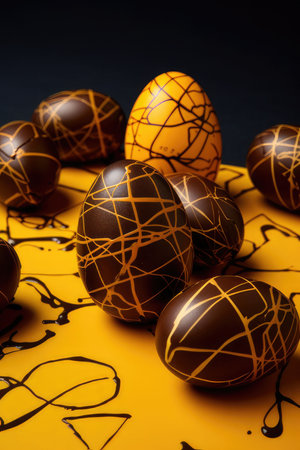 chocolate easter eggs on a yellow backgroundの素材