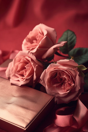 valentine's day gift card with roses on pink backgroundの素材