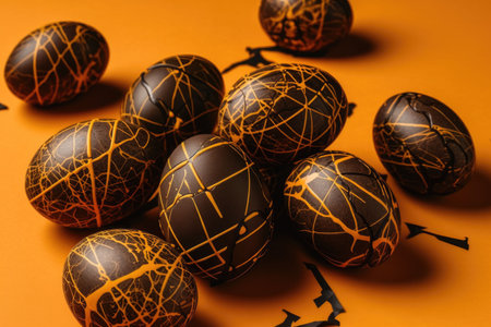 chocolate easter eggs on a yellow background.の素材