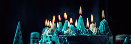 Celebration birthday cake with colorful sprinkles and twenty one colorful birthday candles. Banner.の素材