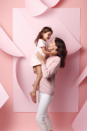 mom and daughter laughing and holding hands on a pink background, in the style of poster, delicate portraits.の素材