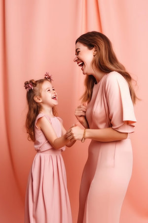 mom and daughter laughing and holding hands on a pink background, in the style of poster, delicate portraits.の素材
