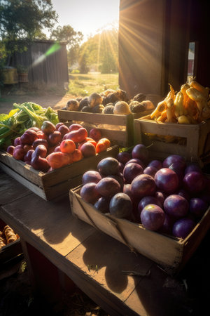 Fresh fruits and vegetables in a wooden box at a farmers market.の素材