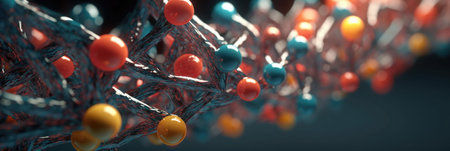 Many multi-colored molecules on a dark background. Abstract structure for science or medicine. bannerの素材