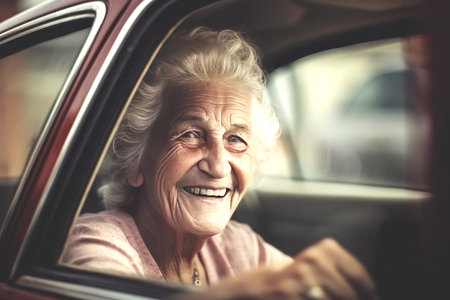 smiling old woman driving a carの素材