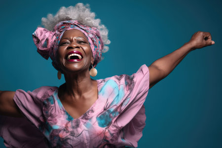 Happy African American woman with raising her arms.の素材