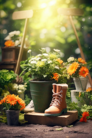 garden boots, flower pots and other gardening suppliesの素材