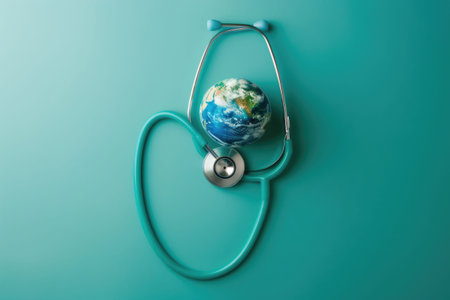 World Health Day. Global Health Awareness concept. Globe inside stethoscope. Green Earth day concept.の素材