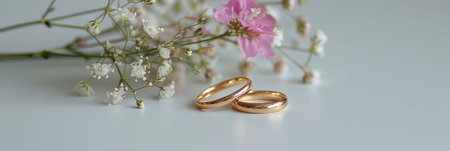two golden wedding rings and flowers on white background. bannerの素材