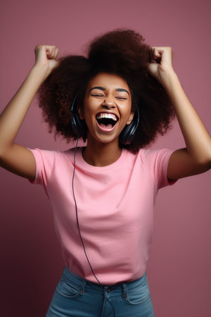Happy young African American woman with raising her armsの素材