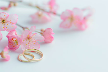 two golden wedding rings and flowers on white backgroundの素材