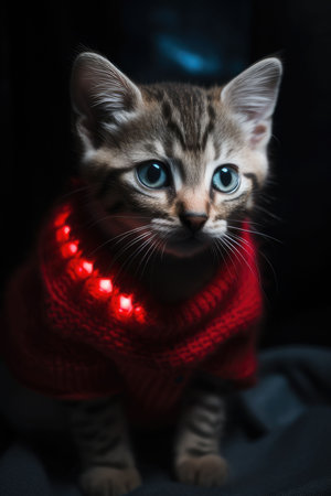 a kitten with blue eyes sitting on some Christmas decorationsの素材