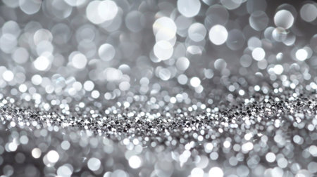 Shimmering, sparkling, defocused silver bokeh background, abstract festive glittering lights, elegance conceptの素材