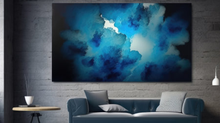 Modern living room featuring abstract blue painting on brick wall, elegant sofa and table, home decor conceptの素材