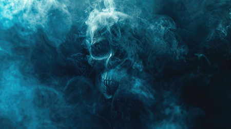 Swirling dark blue nebula clouds with glowing light at the center in outer spaceの素材