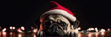 Pug wearing Santa hat with warm Christmas lights, black backgroundの素材