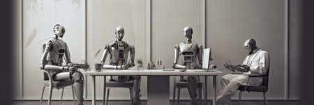 Robots at business meeting, working and discussing technology project in office, team collaboration conceptの素材