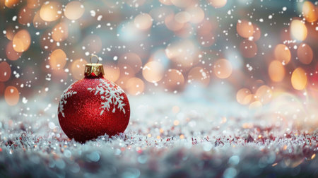 Festive red decoration with snowflakes, Christmas ornament in snow, glowing holiday lights in background, winter celebration conceptの素材