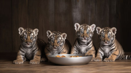 A group of tiger cubs sit next to the bowl with food. National Siblings dayの素材